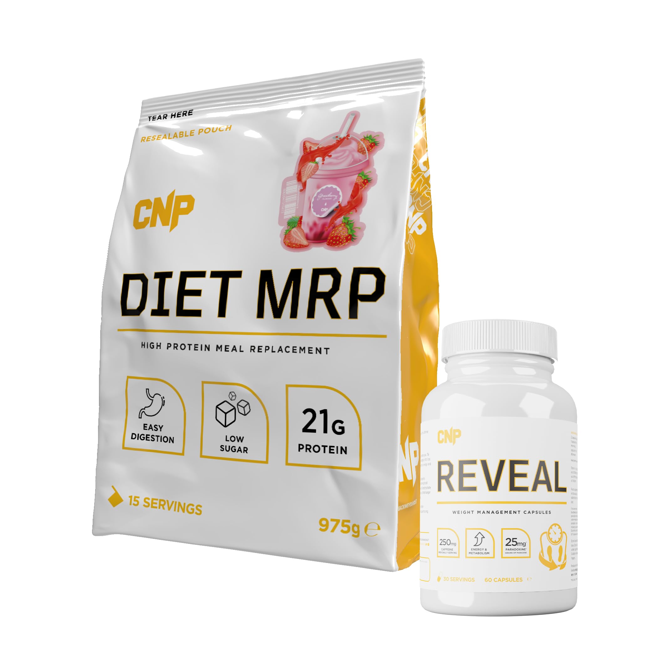 CNP Professional Diet MRP, Low Calorie Meal Replacement with FREE Fatloss Capsules, 21g Protein with Patented Digezyme Fortified with Full Spectrum Vitamins & Minerals, 975g, 4 Flavours (Strawberry)