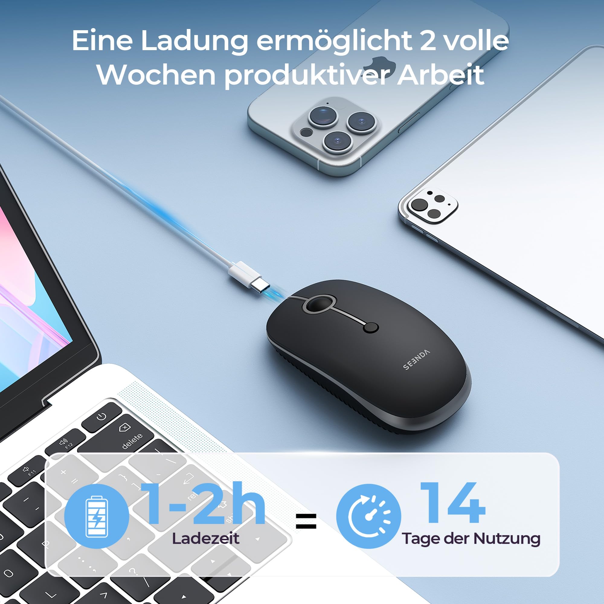 seenda MOU001 Bluetooth Maus, Leise, 3 Geräte Verbindung, Schwarzgrau 4