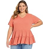 VIBOHCILLE Plus Size Babydoll Tops for Women V Neck Short Sleeve Casual Loose Fit Summer Blouses Top