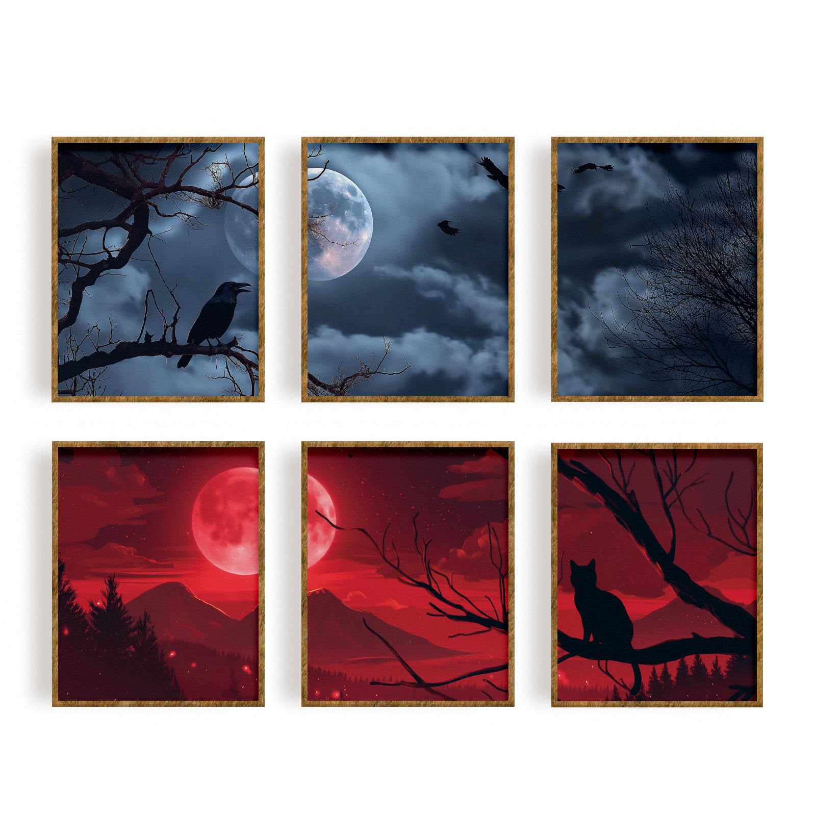 FREEBLOSS 6Pcs Posters Print Unframed Night Scene Wall Art Wall Pictures Cat and Crow Wall Art Prints Canvas Wall Art Canvas Pictures for Halloween Wall Decor Bar Bedroom 20 * 25cm