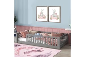 Tatub Twin Floor Bed with Safety Guardrails and Door and Slats, Wood Kids Montessori Floor Bed Frame for Girls and Boys, Twin-Grey Without Door