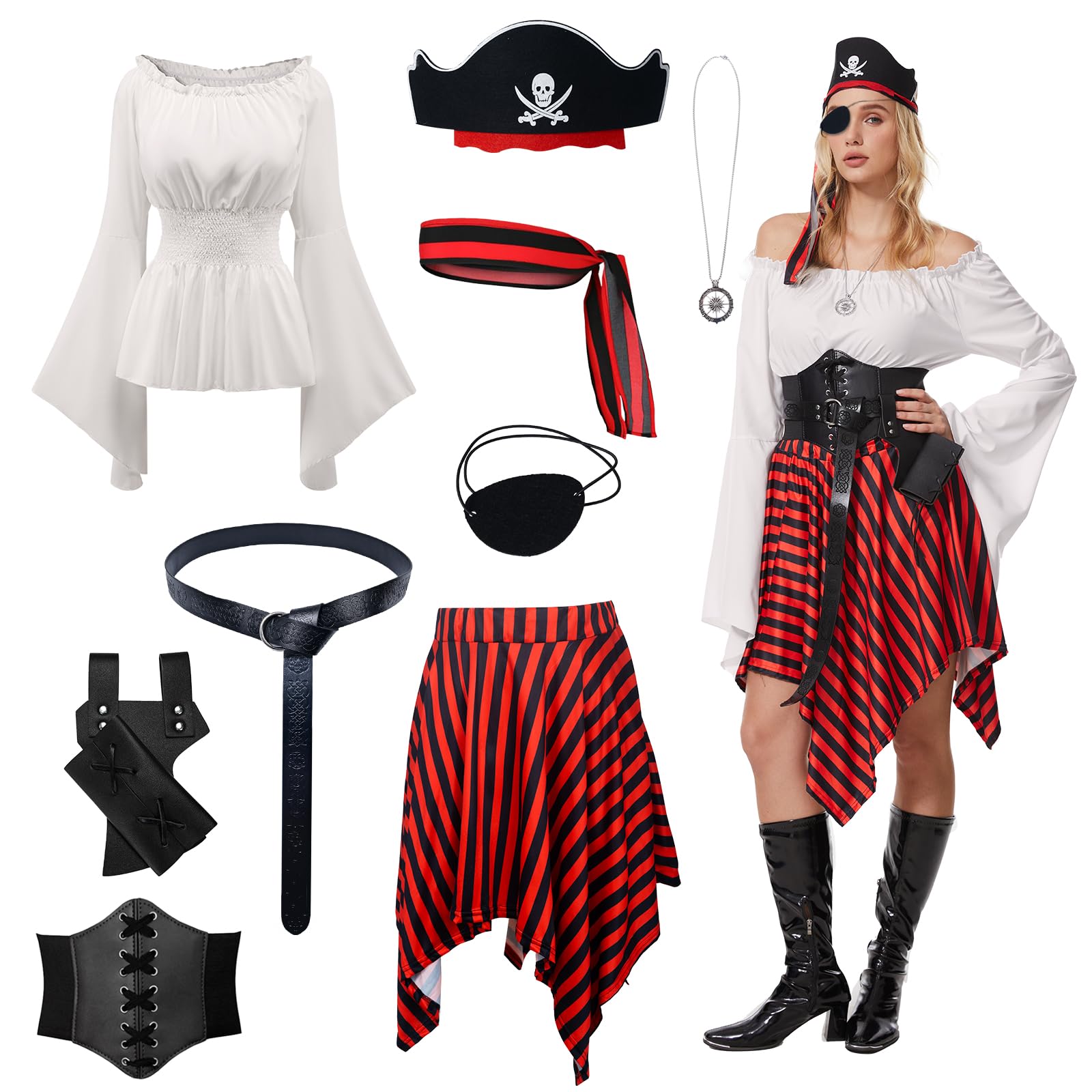 OPAEHJF 9 Pcs Women's Gothic Pirate Halloween Costume Romper Dress Boho Short Jumpsuit Ruffle Jumpsuit Renaissance Corset Dress matching Pirate Accessories (White, XS)