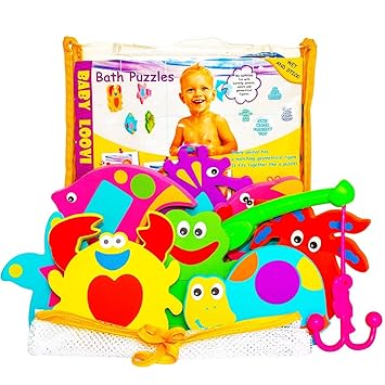 Bath Toys for Toddlers-The Biggest Educational Foam Toys with Bath Toy Organizer-Cool Puzzles with Geometric Shapes(16 items)-Funny Early Learning Toys