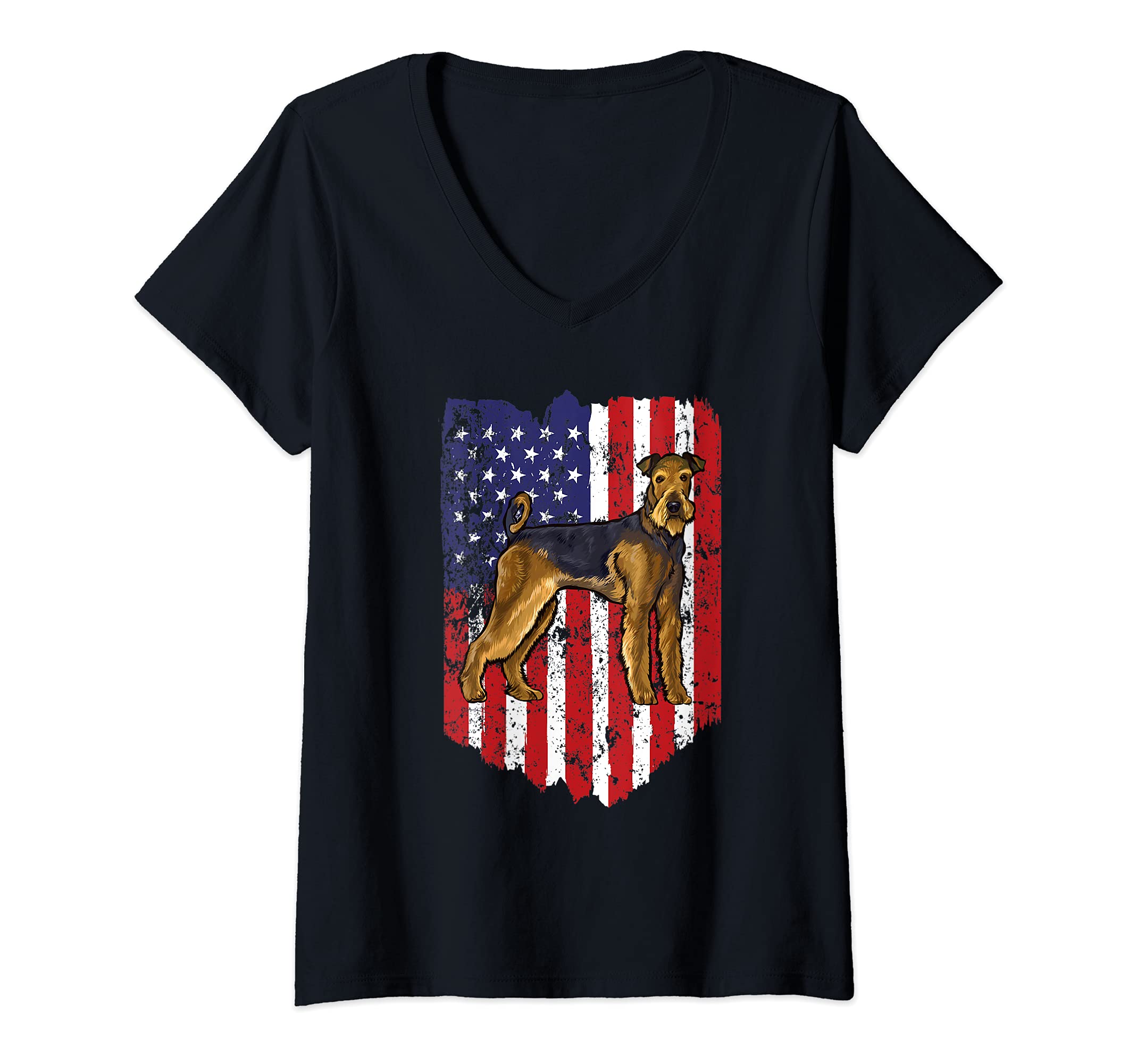Womens American Flag Airedale Terrier 4th Of July USA V-Neck T-Shirt