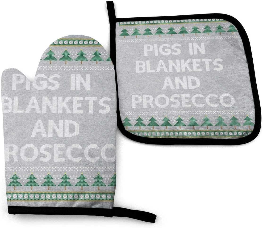 XQXTA Pigs in Blankets and Prosecco Christmas Knit Pattern -Oven Mitts and Pot Holders Heat Resistant Kitchen Bake Gloves Cooking Gloves