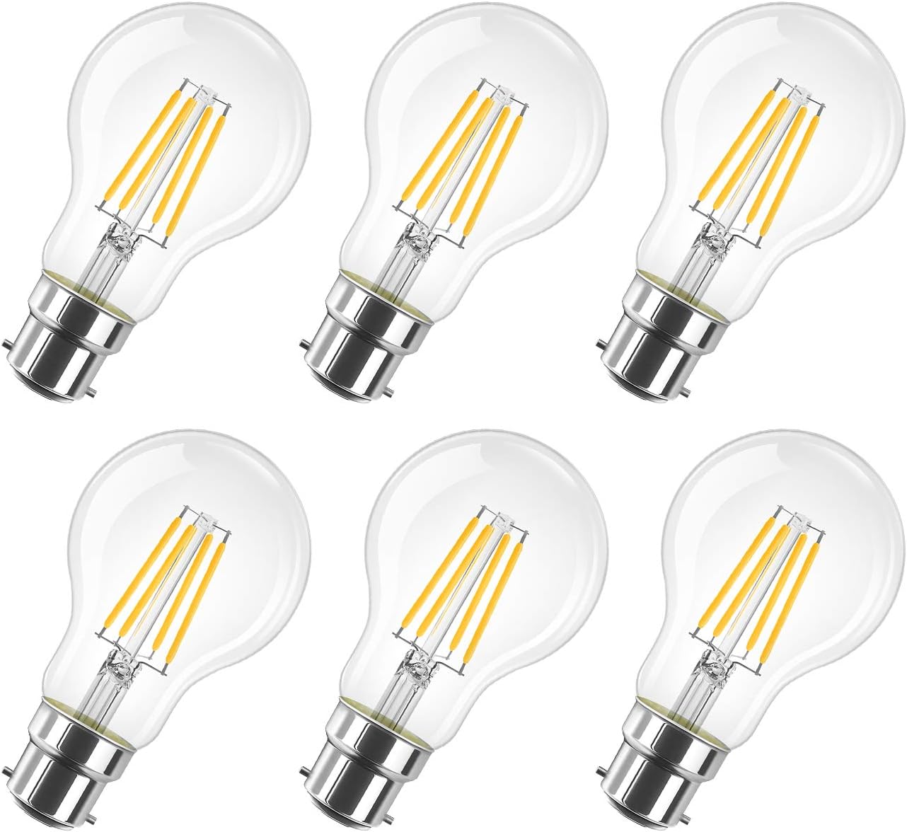 B22 LED Filament Bulb, 6 Pack, 806Lm, LVWIT A60 7W Warm White