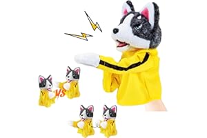 Inmorven Husky Dog Hand Puppet with Yellow Martial Arts Outfit for Kids, Soft Animal Puppet Interactive Plush Toy for Storytelling, Role Play, and Educational Fun
