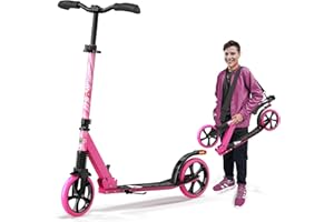 Campior Kick Scooter for Ages 6+, for Kids, Teens, and Adults, Max Load 240 LBS, Foldable, 8-inch Big Wheels for Kids and Adults, with Kickstand, 3 Adjustable Levels, Child Safety Approved, Pink