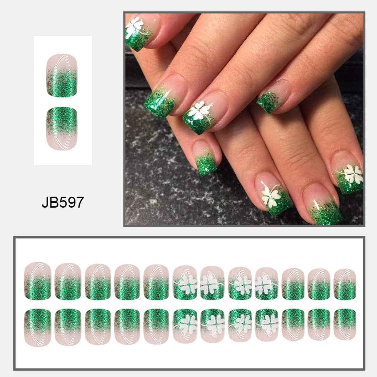 24Pcs St. Patrick's Day Press on Nails Short Square Fake Nails Irish Holiday Nails Design Green Glitter French Tip Glue on Nails Lucky Shamrock Acrylic False Nails Decorations for Women Girls - Image 2