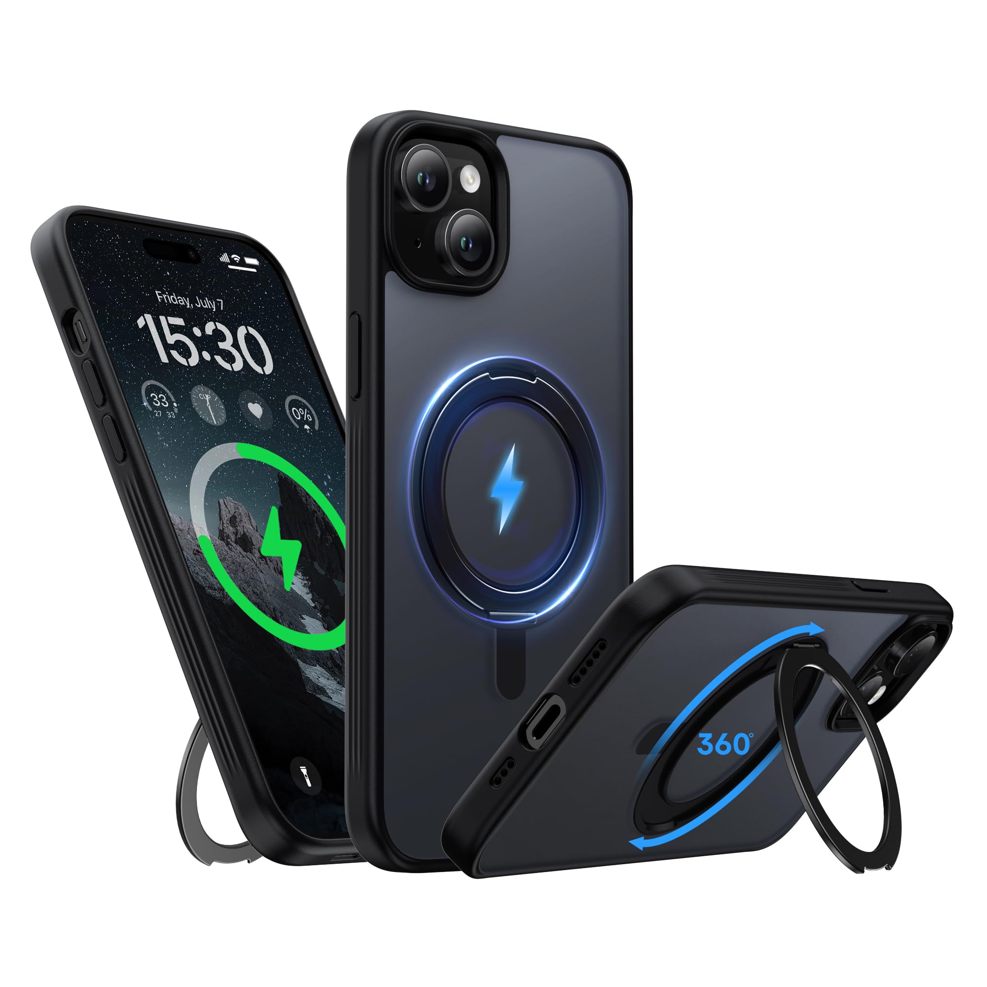 Niunisi Stand for iPhone 15 Case, [Compatible with Mag Safe] 360° Rotatable Ring Holder Kickstand Military Shockproof Protective Case for iPhone 15 6.1 Inch, Black