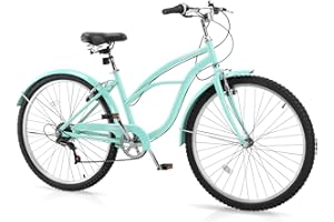 CamPingSurvivals Women Bike, 26 Inch Beach Cruiser Bike, 7 Speed Commuter Bicycle with Ergonomic Upright Frame, Full Front & Rear Fenders and Foldable Front Basket (Green/Black/Red)