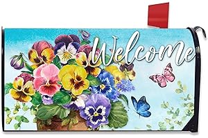 FBCOO Pansy Flowers Mailbox Cover, Magnetic Standard Size 21" x 19", Floral Decorative Post Letter Box Wrap, Garden Outdoor D