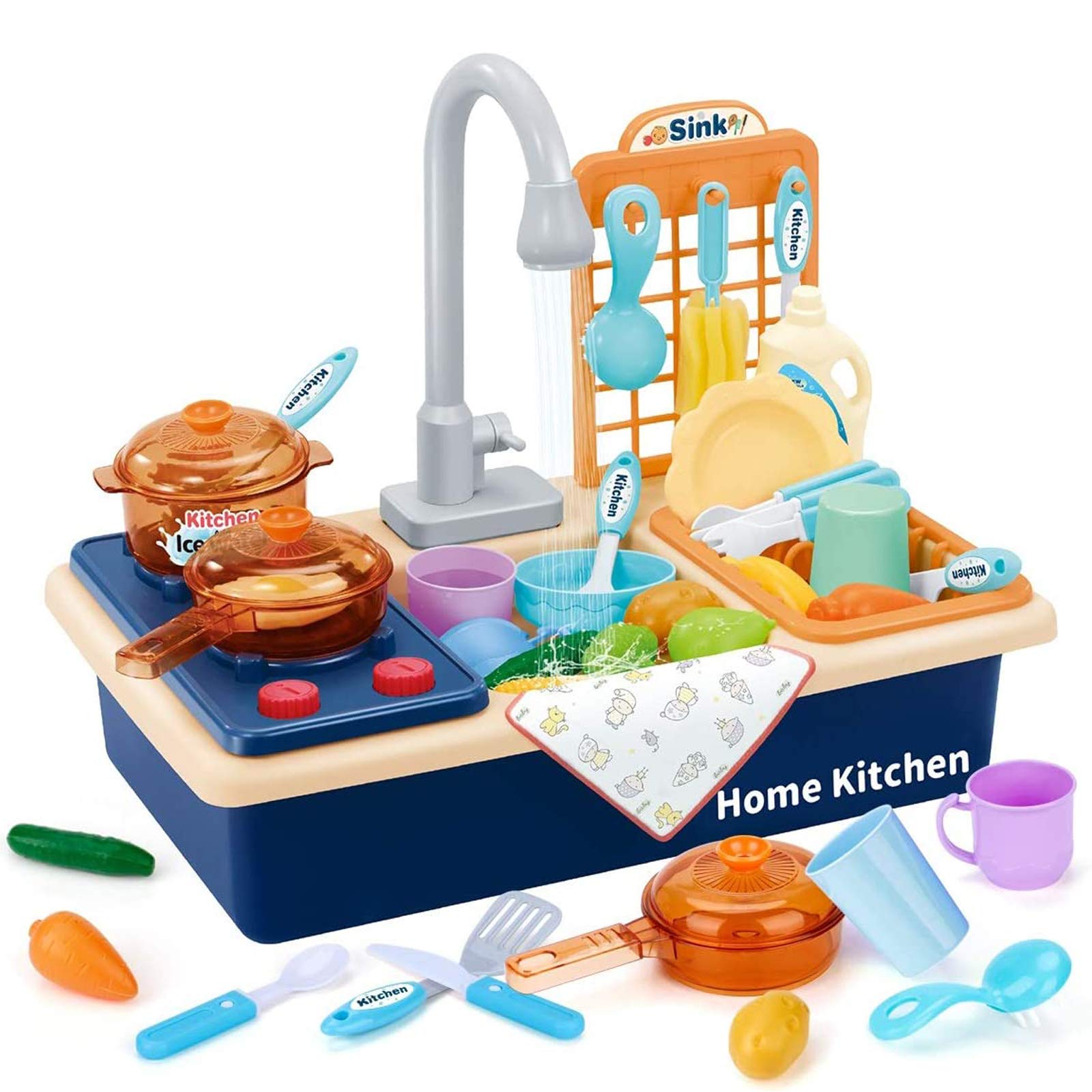 41pcs Pretend Wash-up Kitchen Sink Play Set Includes Cutting Toys, Play Cooking Stove, Kitchenware, Water Faucet & Drain - for Boys Girls Educational Gifts