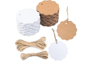 200 Pcs Scalloped Tags with String, White and Kraft Small Paper Blank Hang Tags, Personalized Brown Gift Labels with Hole for