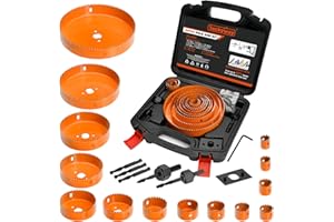 Luckyway Hole Saw Kit Pro, 24PCS Hole Saw Set with 3/4"-6"(19-152mm) 14PCS Hole Saws, Double-Ground Teeth for Clean Cutting, Ideal for Soft Wood, Plywood, Drywall, PVC