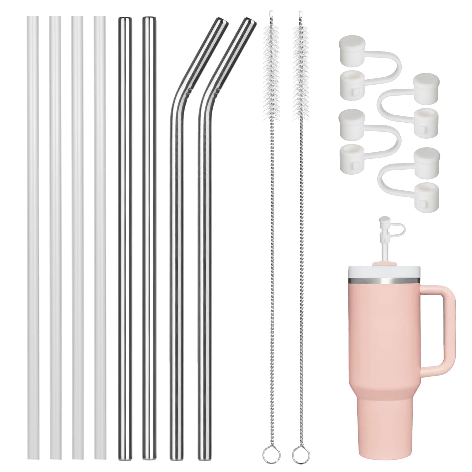 TRUEIN 8 Pcs Reusable Straws for Stanley 40oz Cup, 30cm/11.8in Reusable Metal Drinking Straws with 2 Cleaning Brushes and 4 Straw Covers, Plastic Replacement Straws for Stanley Adventure Tumbler