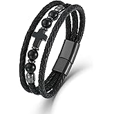 Oskani Mens Leather Cross Bracelet Natural Tiger Eye/Turquoise/Black Onyx Stone Beads Multi-Layer Braided Religious Cuff Bracelets for Men Stainless Steel with Buckle Size(8.26"/9.05")