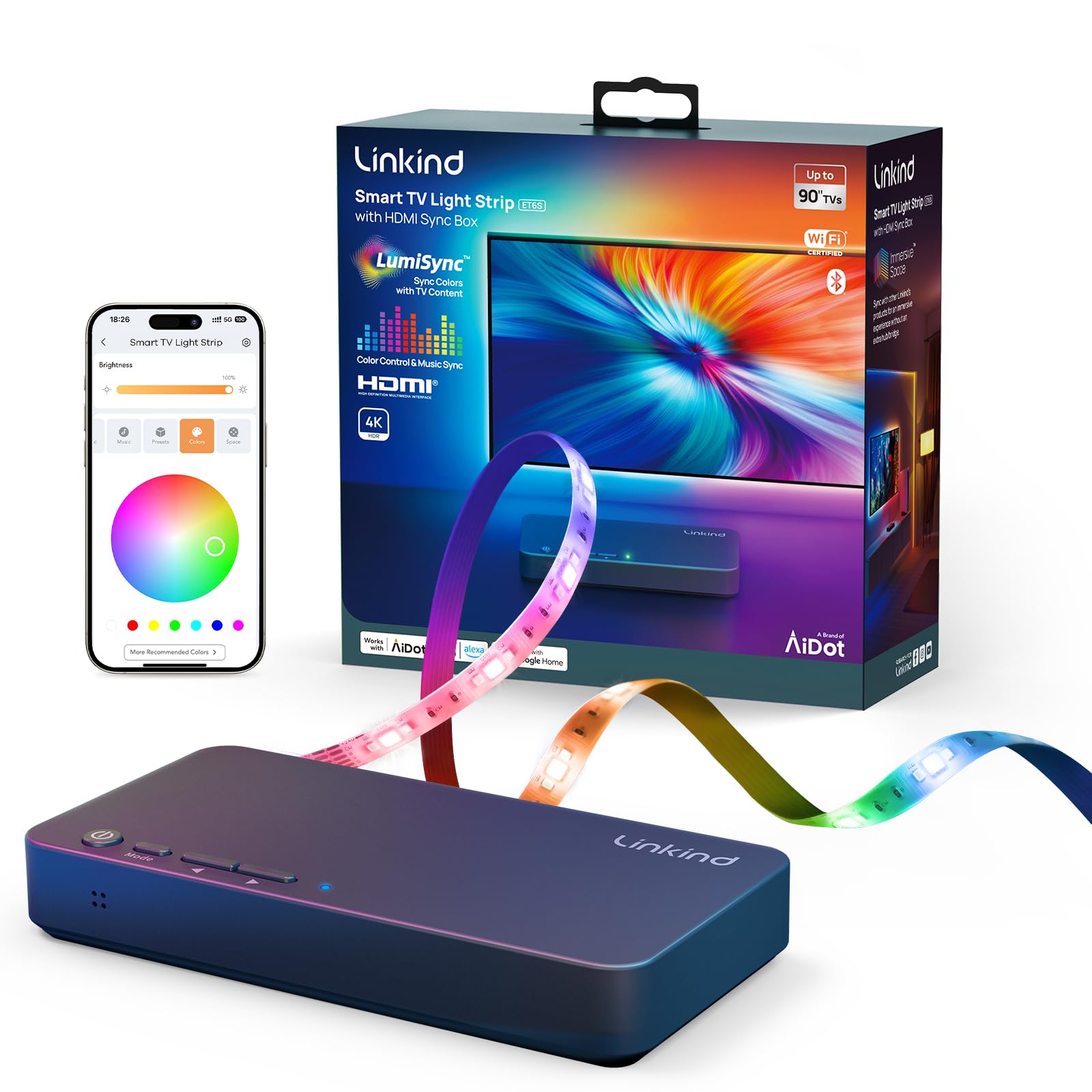 Photo 1 of Linkind TV Backlight Sync to Screen, HDMI Sync Box with AI LumiSync Technology, Supports 4K@60Hz, Cuttable LED Backlights Sync to Screen for 27-90 inch TVs, Real-time Syncing with Other Aidot Lights