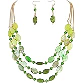 Firstmeet 3-Layer Mother of Pearl Beads Necklace with Earrings Oval Beads Pendant Jewelry for Women