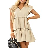 Oumrdeo Women’s Summer Babydoll Mini Dress V Neck Tie Back Ruffle Sleeve Casual Tiered Loose Flowy Swing Tunic Shift Dress