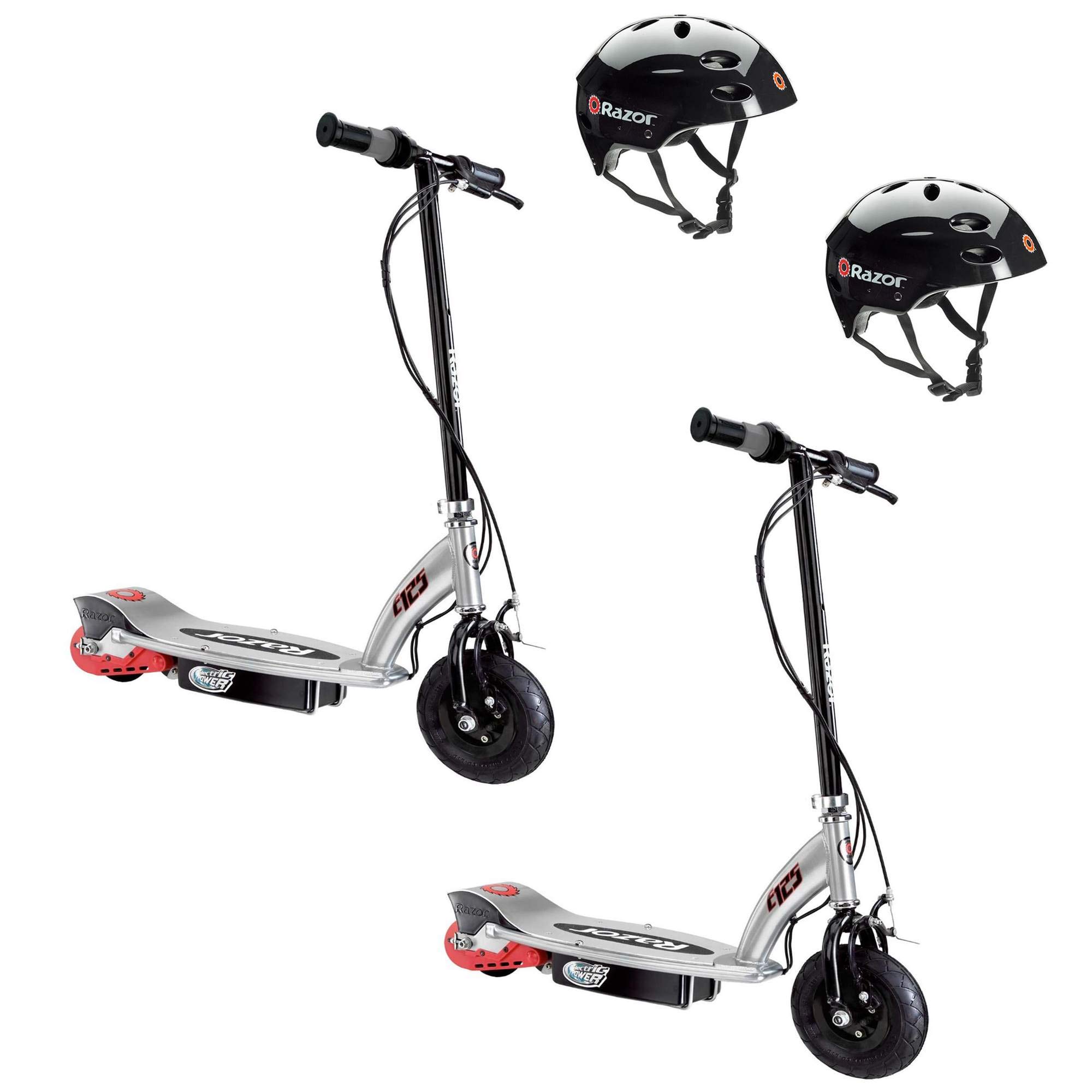 Razor E125 Rechargeable Kids Electric Motor Scooters, Black (2 Pack) + Helmets