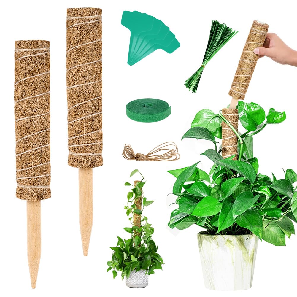 Vicloon Moss Pole, 2pcs Coir Totem Pole, Coir Moss Stick Plant Totem Moss Sticks for Indoor Plants Climbing, Creepers, with Twist Ties Plant Ties Labels Jute Rope, Moldproof Sticks Support (30cm)