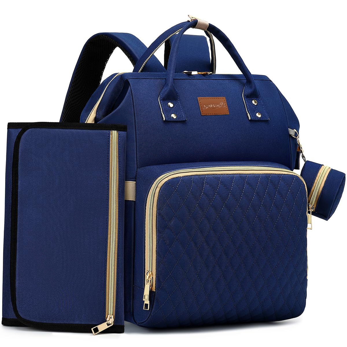 Photo 1 of ROSEGIN Diaper Bag Backpack with Changing Pad, Pacifier Case, Baby Bag for Boy Girl Toddler - Large, Stylish, Waterproof Travel Quilted Diaper Bag for Mom - Baby Shower - Navy Blue