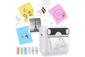 welltop Mini Sticker Printer, Bluetooth Smart Pocket Inkless Thermal Printer with 5 Rolls Thermal Paper and Sticker for iOS or Android, Portable Receipt Printer for Photo Journal Notes Memo