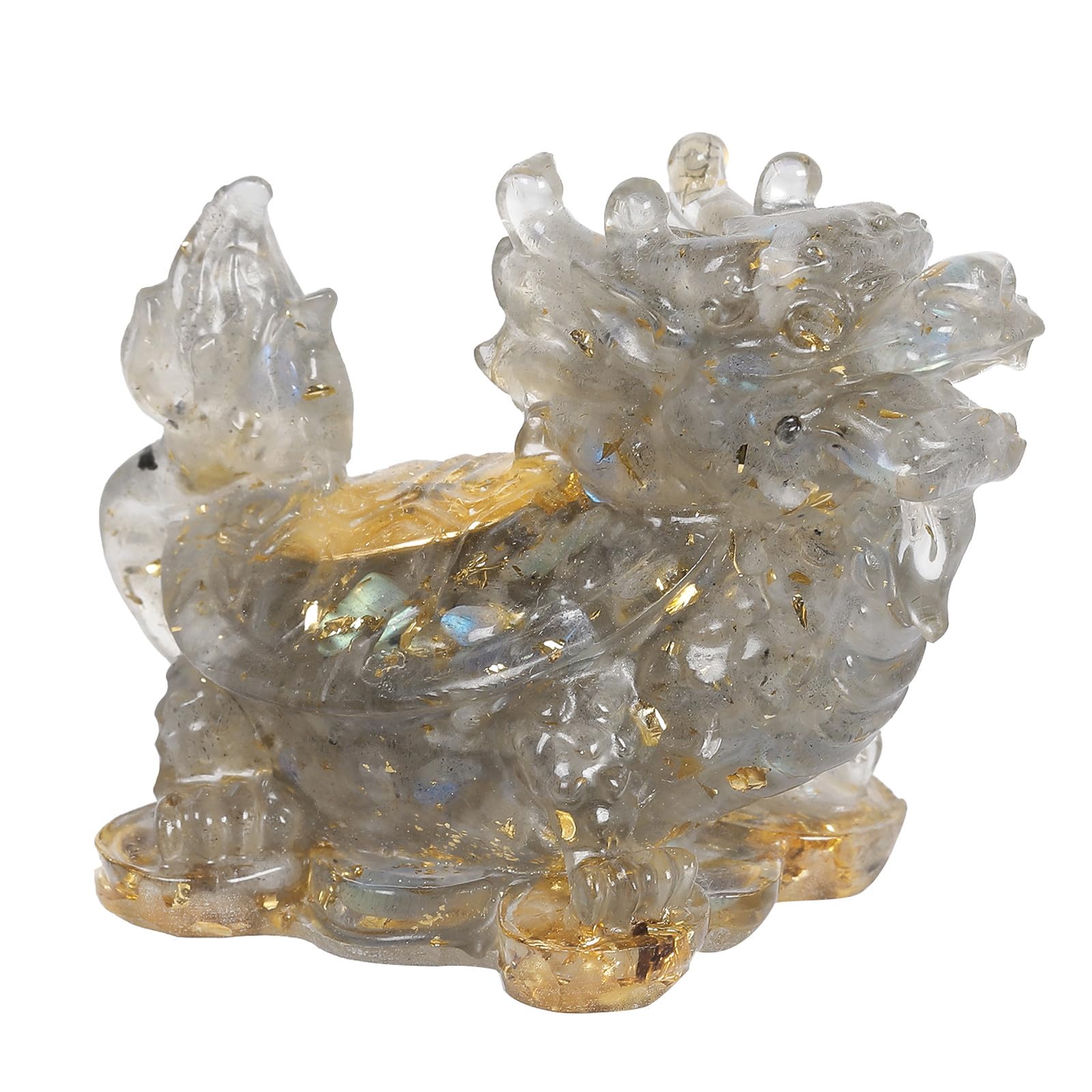 Nupuyai 2pcs Labradorite Crystal Stone Animal Statue Gold Coin Dragon Turtle Figure Set, Resin Stones Figurine Lucky Feng Shui Wealth Ornament Home Office Decor