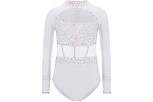 Xroufi Gymnastics Leotard for Girls Sparkle Diamond Long Sleeve Dance Bodysuit Biketard Training Practice Outfit