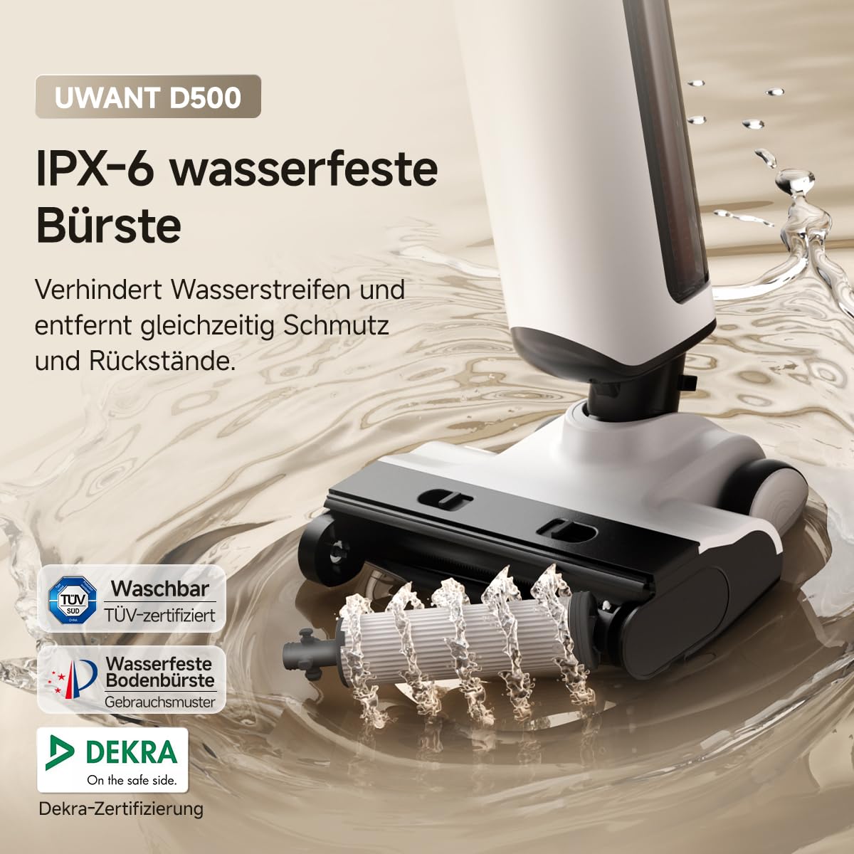 uwant D500 Nass Trockensauger,Abwassertanks-Desodorierung,180° Lay-Flat Saugwischer,17,000 Pa Saugkraft,65°C Leise Heißtrocknung,Selbstreinigend,Verwicklungsfreies Design,IPX6 wasserdichte Bodenbürste 6