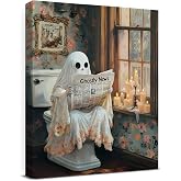 Funny Ghost Halloween Bathroom Wall Art Decorations Spooky Canvas Print | Funny Vintage Ghost Reading on Toilet Poster Picture Home Halloween Bathroom Decorations 8x10 Inch Framed