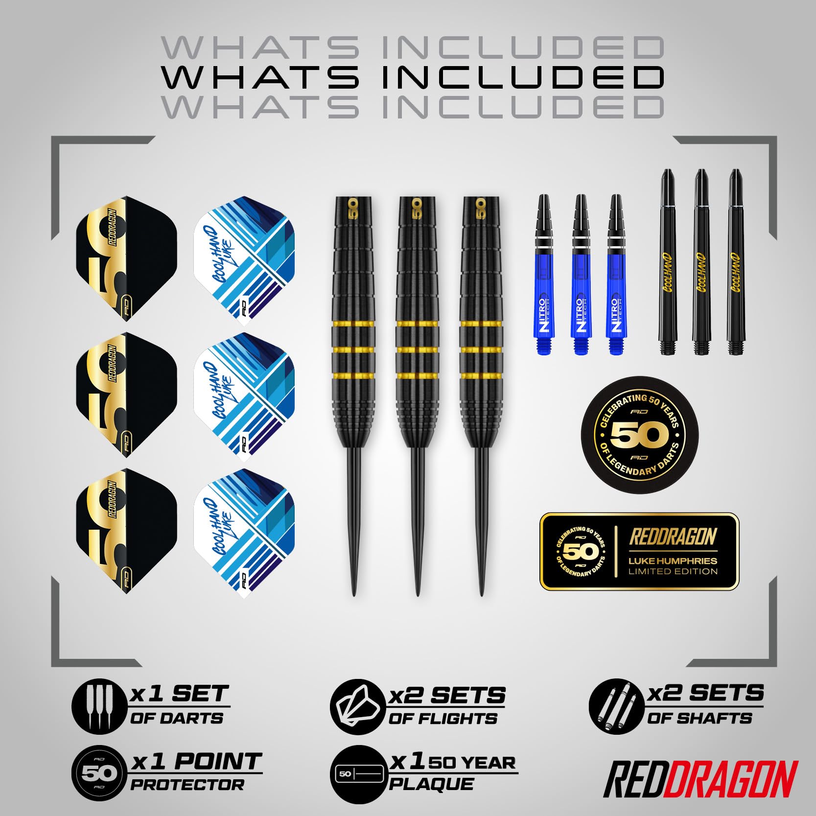 RED DRAGON Darts - 50 Jahre Jubiläums Spieler Edition - Luke Humphries 'Coolhand' 22g - 90% Wolfram - Professionelles dartpfeile metallspitze Satz - Enthält Steeldarts Pfeile Flüge und Dart Schäfte 2