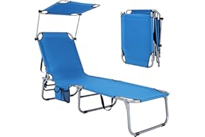 GYMAX Beach Chair with Canopy Shade, Folding Tanning Lounge with Adjustable Backrest, Carry Handle & Side Pocket, Sunbathing Chair for Outside, Patio, Poolside, Lawn (1, Navy)