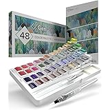 GenCrafts Watercolor Paint Palette with Bonus Paper Pad Includes 48 Premium Colors - 2 Refillable Water Blending Brush Pens -