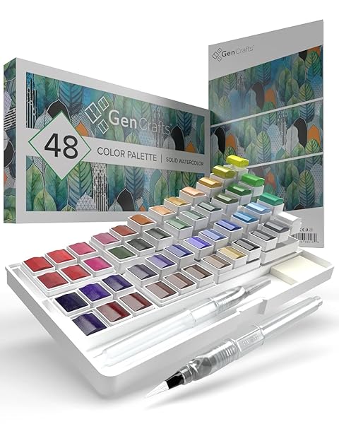 GENCRAFTS WATERCOLOR PAINT PALETTE 48 PREMIUM COLORS WITH PAPER PAD – 2 REFILLABLE BRUSH PENS – 15 SHEETS OF WATER COLOR PAPER