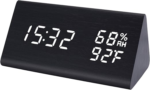 Amazon Com Raercodia Night Clock Wood Desk Clock Led Wooden Alarm Clock Night Light Modern Clock Show Time Date Calendar Temperature Humidity Brightness Adjust Clock Home Office Kids Room Black White Home Kitchen