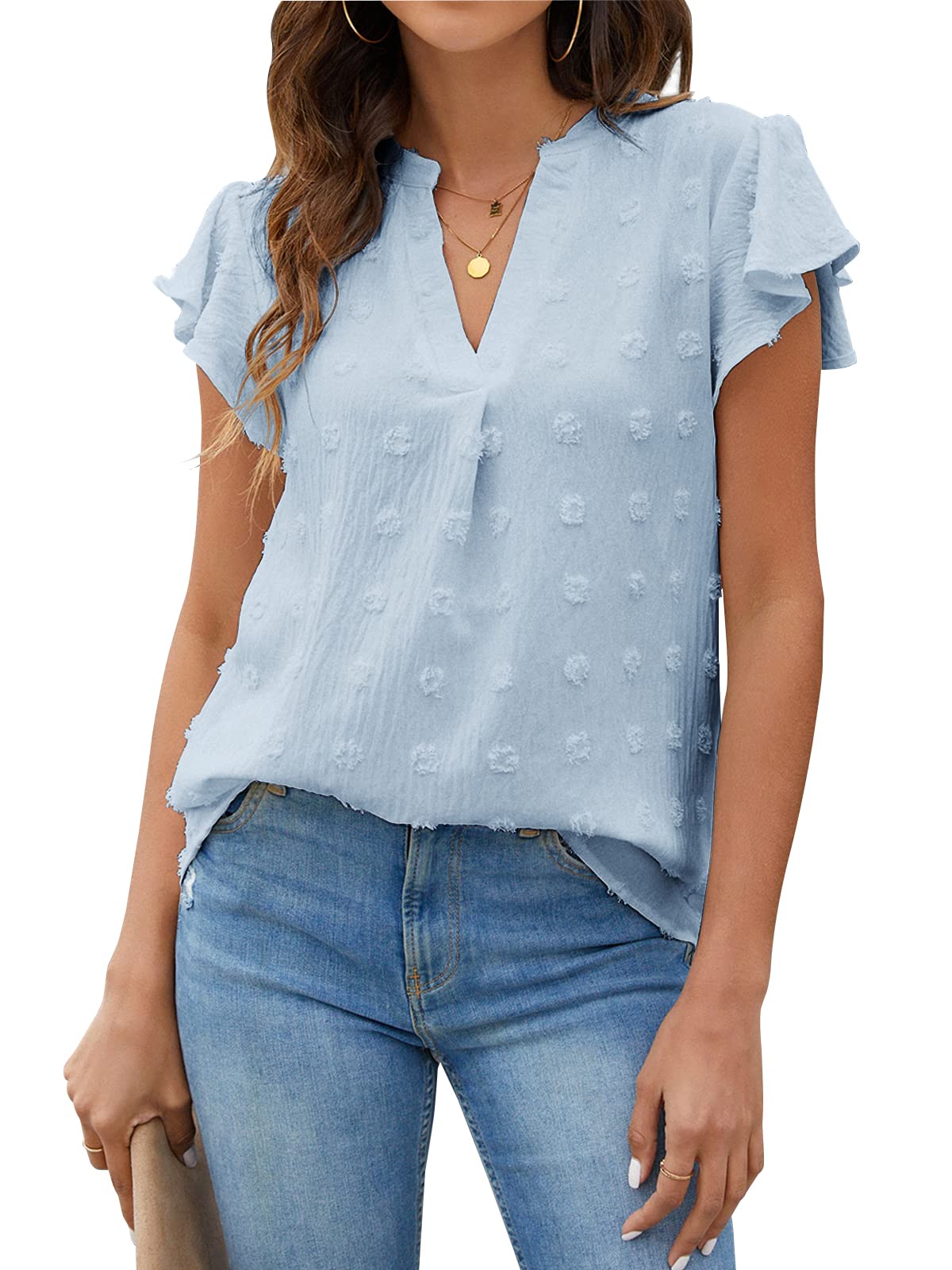 Blooming Jelly Womens White Blouse V Neck Ruffle Sleeve Flowy Shirts ...