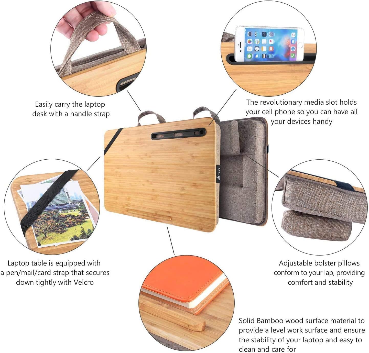 wishacc Home Office Lap Desk Portable Bamboo Laptop Lap Desk Accessories (Fits up to 17.3” Laptop) : Office Products