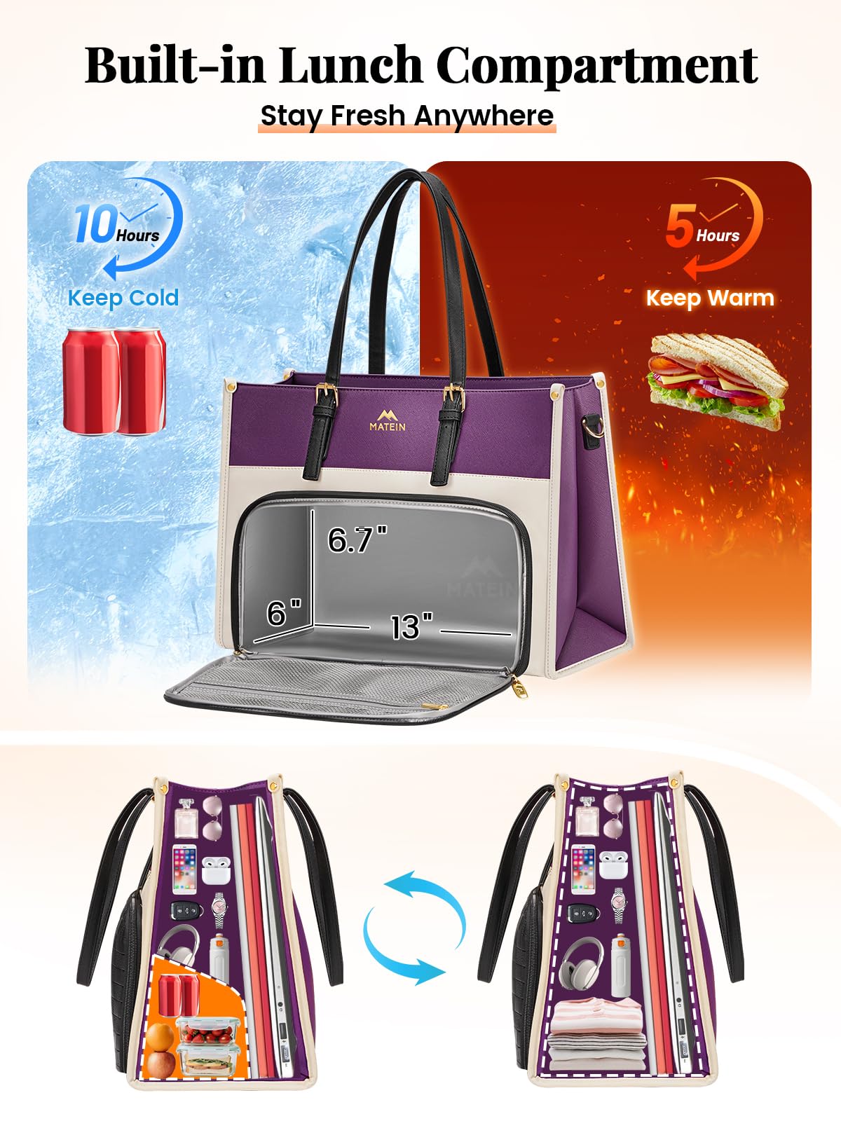 MATEIN Lunch Tote Bag for Women, 15.6 Inch PU Leather Laptop Briefcase with Insulated Lunch Compartment, Large Capacity Professional Computer Work Handbag with Purse for Office Nurse Teacher, 2 Sets