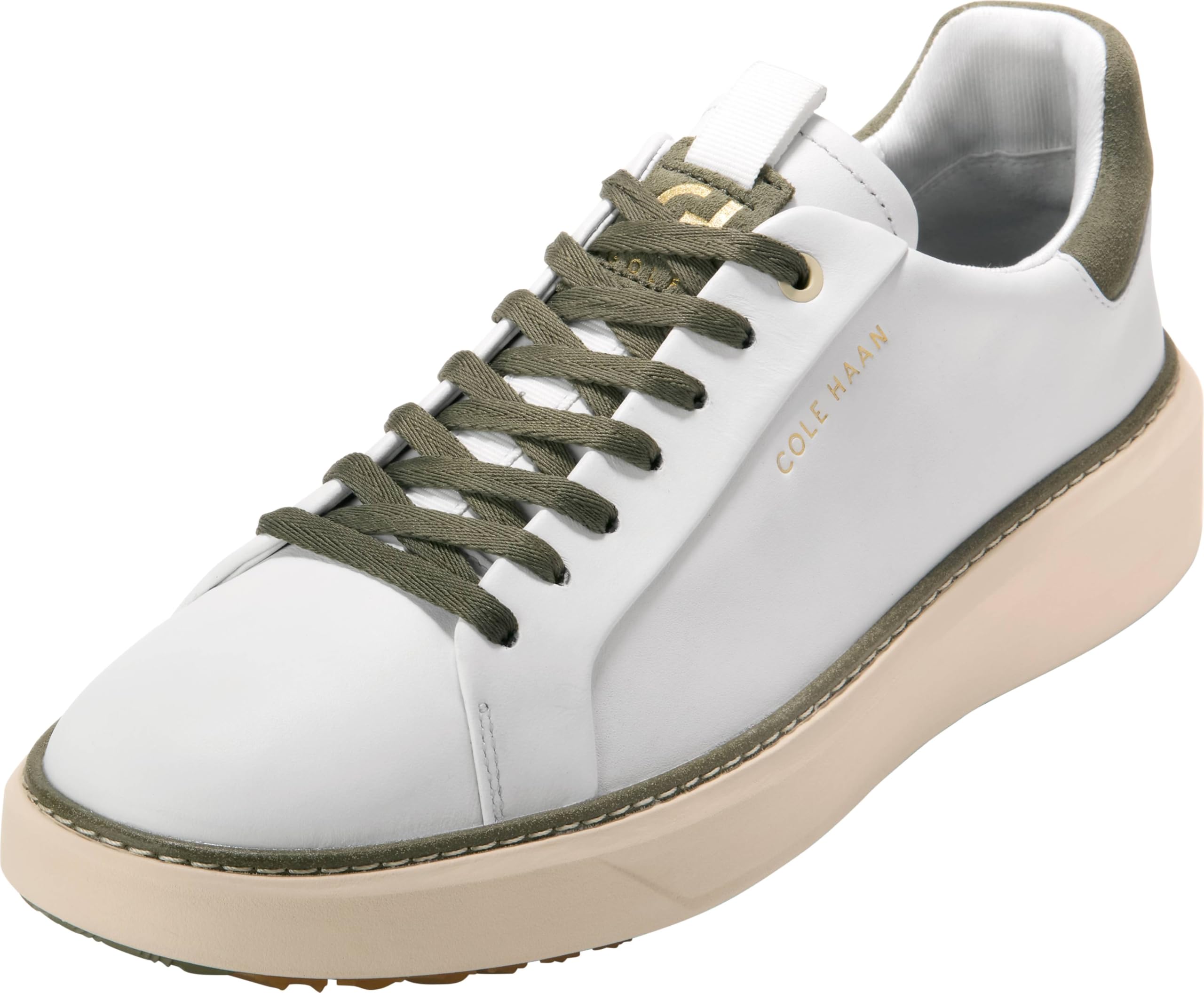 Cole Haan Men’s Golf Shoes – Grandpro Topspin Golf Sneaker, White/Dusty Olive Suede/Angora Waterproof, 8.5-M US