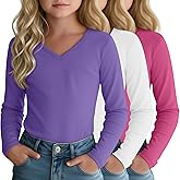 LessonZoo 3 Pack Girls Long Sleeve T-Shirts 5-14 Years Kids Undershirts V Neck Base Layer Basic Lightweight Teen Youth Tops