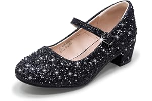 WIKENCY Girls Dress Shoes Mary Jane Low Heel Princess Flower Wedding Flats Glitter Shoes for Toddler/Little Kid/Big Kids