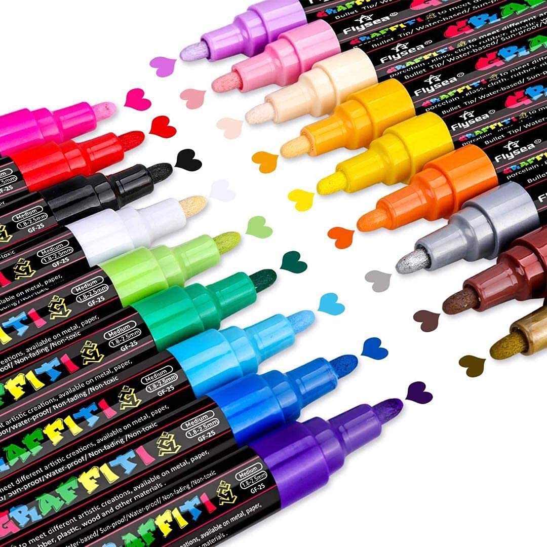 Emooqi 18 Colours Acrylic Paint Marker Pens Permanent Paint Art Painting Set with 2 Metallic Marker Pens for Paper, Textile, Glass, Pebble etc.
