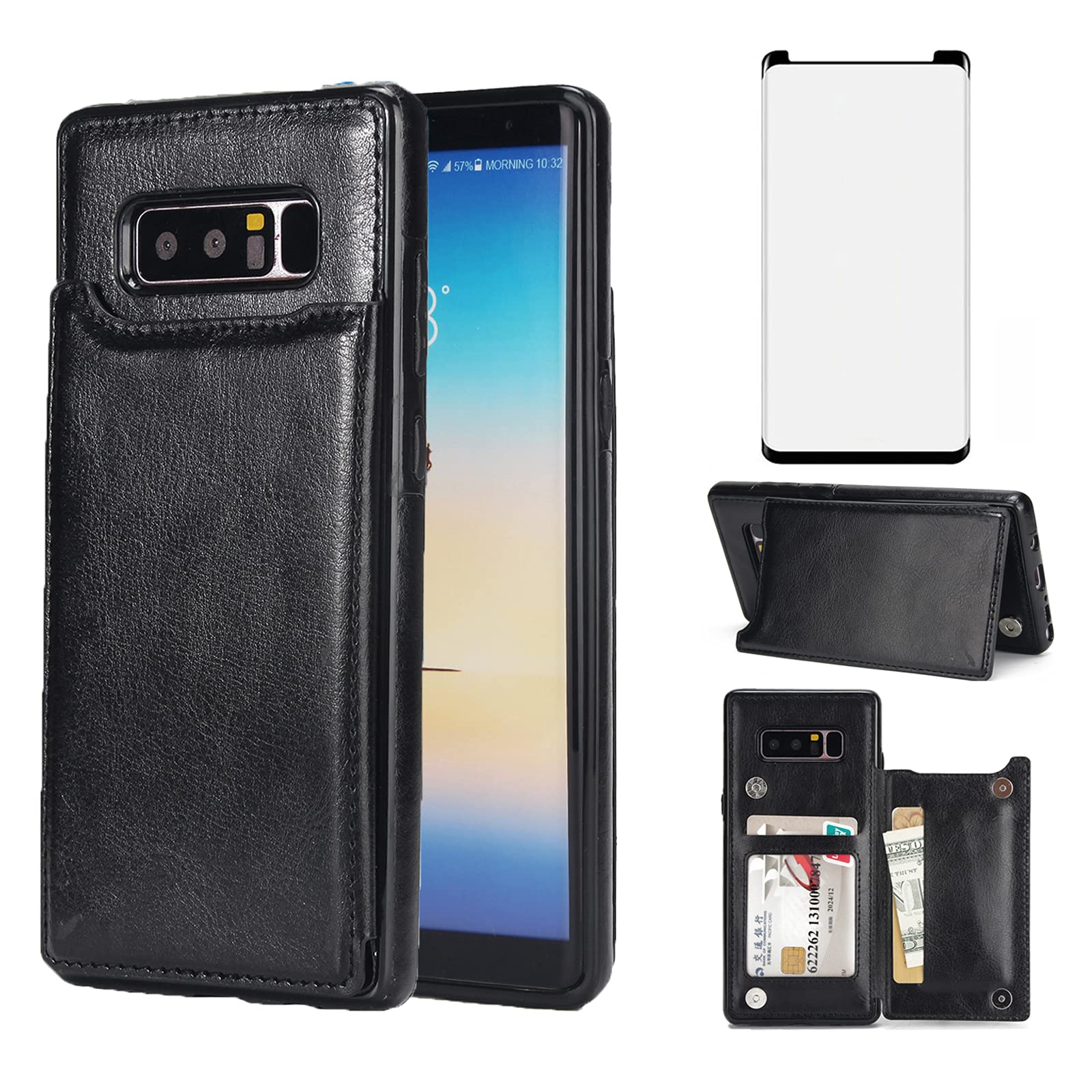 Asuwish Compatible with Samsung Galaxy Note 8 Wallet Case and Tempered Glass Screen Protector Card Holder Cover Stand Cell Phone Cases for Glaxay Note8 Not samsungnote8cases Galaxies Women Men Black