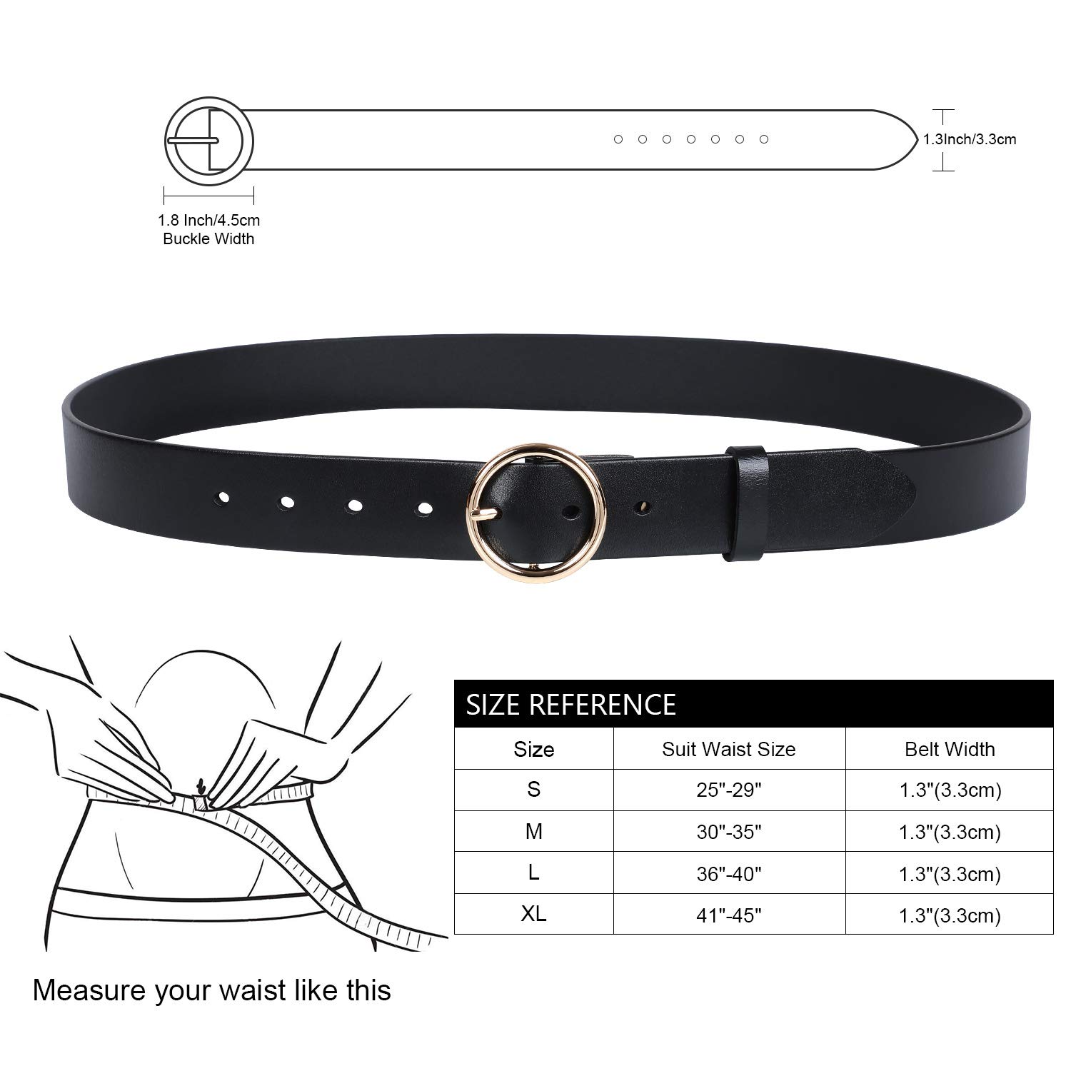 Ladies Leather O Ring Belt for Jeans Dress with Golden Round Buckle(Suit for waist size 36-40 Inches, black)
