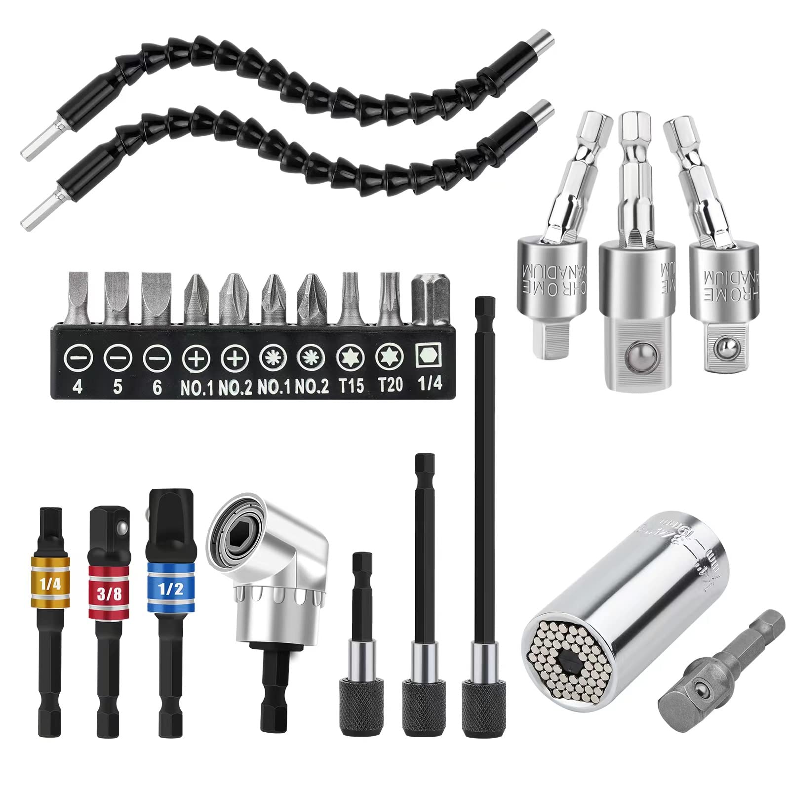 HUTHUHNHN Flexible Bit Holder Extension, Flexible Shaft Bits Drill Set Extension 105° Angle Wrench Attachment Adapter, Angle Screwdriver Drill Bits, Magnetic Screwdriver Drill Bits (Black)