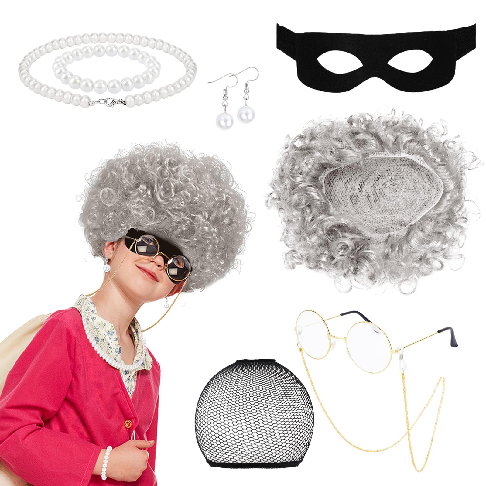 XEPST Gangster Granny Costume - World Book Day Burglar Old Lady Wig Costume Set Old Lady Fancy Dress Set with Granny Wig Robber Mask Glasses Pearl Necklace for Adult Kids Halloween Cosplay Carnival