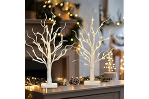 PABIPABI Lighted Birch Tree, 2 Pack Christmas Tree with 24 LED, Tabletop Centerpiece Artificial Tree Lights Battery Powered Timer for Home Office Bedroom Wedding