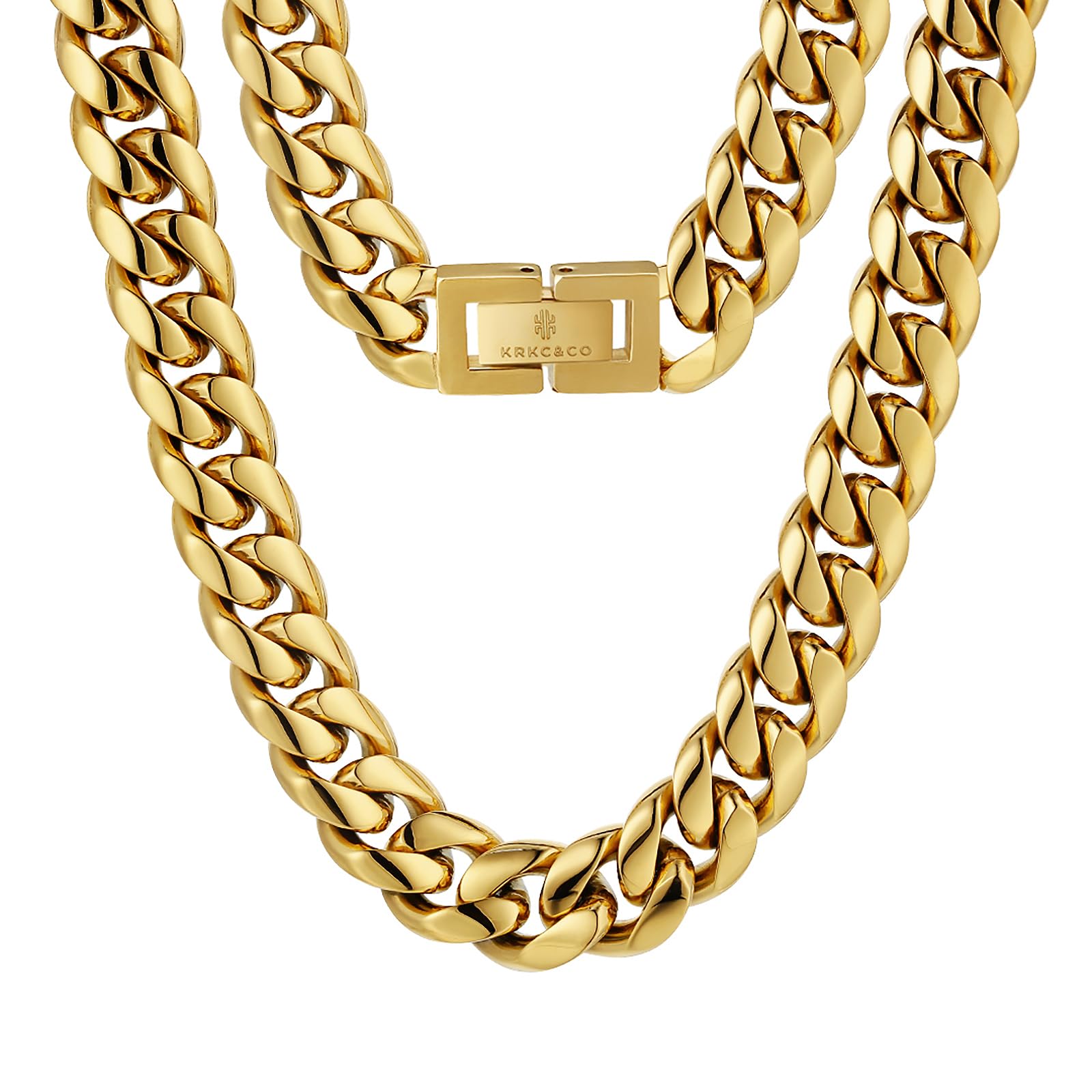 KRKC&CO Cuban Link Chain, 18K Gold Plated, Men's Gold Chain Men's Necklace Chains, 8mm 10mm 12mm Hip Pop Miami Cuban Chain Thick Curb Chains